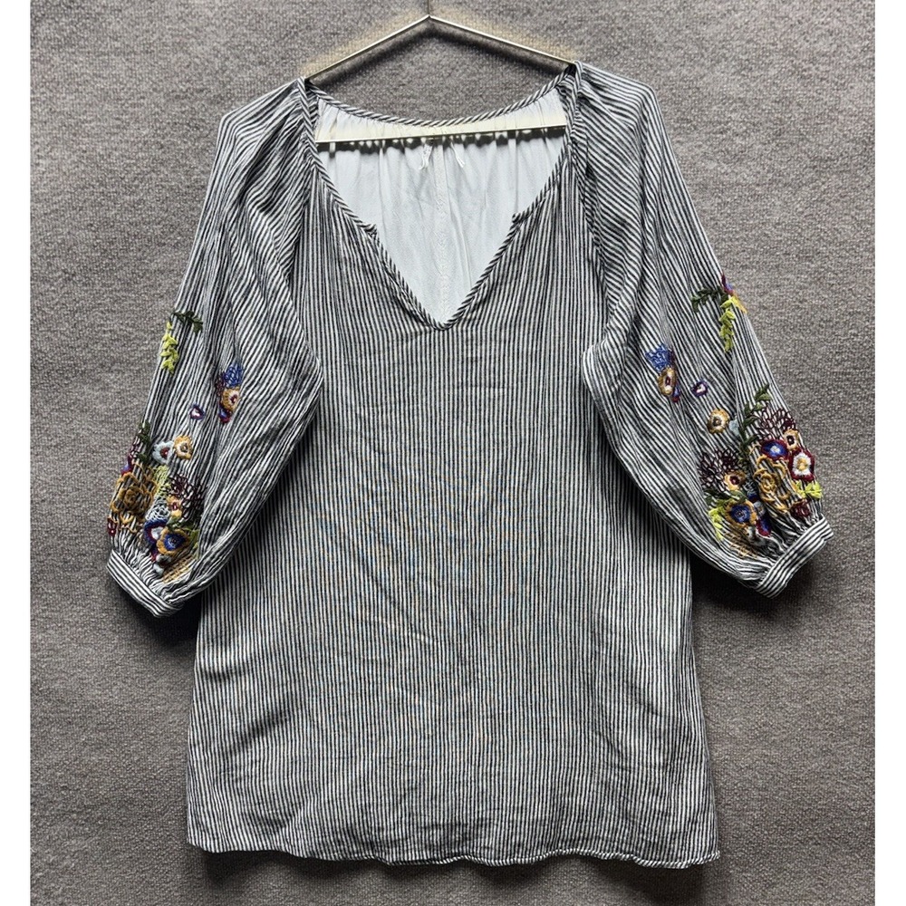 Anthropologie Dress Womens Large Feather Bone Lindsey Embroidered Floral Striped